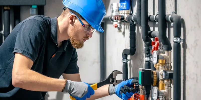 Professional plumber installing heating system in house